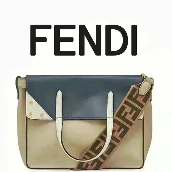 FENDI Flip Tote Bag w/ FF Crossbody Strap in Beige&Navy - Picture 1 of 16